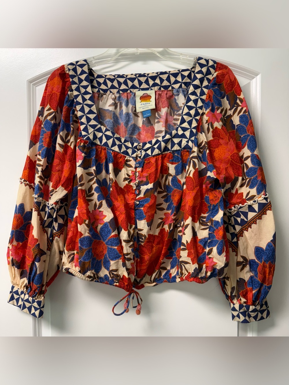Farm Rio x Anthropologie Floral Peasant Top in Rust Orange & Royal Blue Sz Sm - Picture 2 of 11